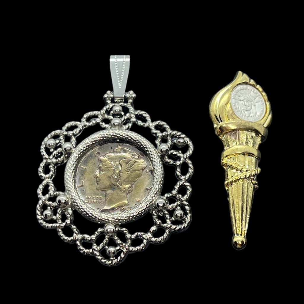 Silver Tone Mercy Dime Pendant And Statue Of Liberty Torch Vintage Set Of 2